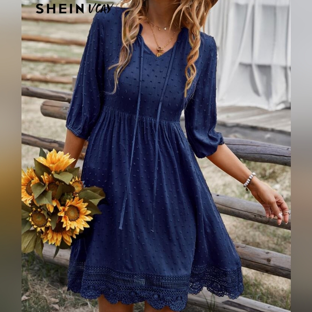 SHEIN Navy Midi Sundress with V-Neck and Elegant Sleeves